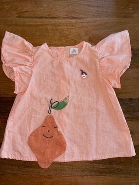Aimama- Girls Orange Striped Flutter-Sleeve Top with Pear